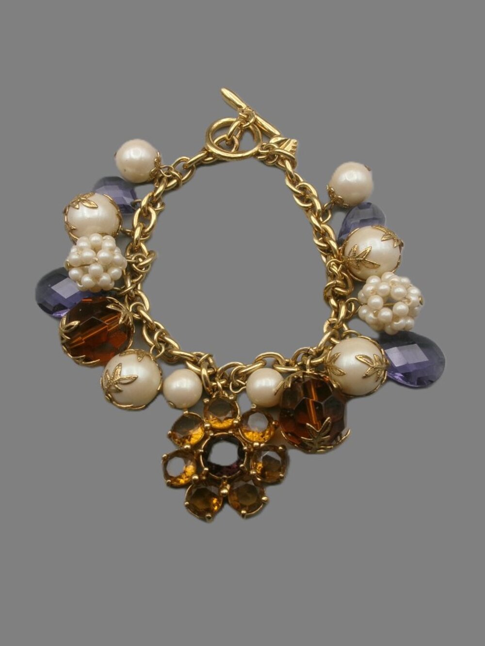 Vintage Carolee Gold Tone Charm Bracelet, Topaz Amethyst Pearls